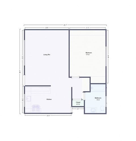 Floor plan for 1 bed, 1 bath, 650 sqft